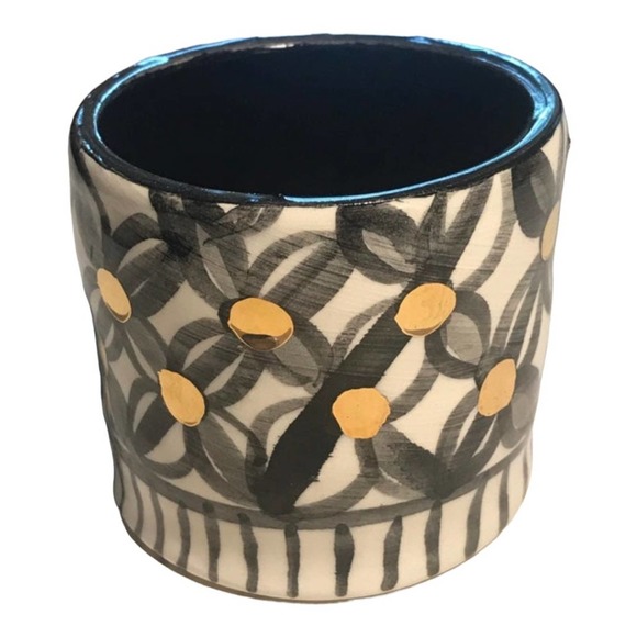 Black White Pen-Pencil/ or Succulent Planter Pottery with Genuine Gold Dots - Picture 5 of 11